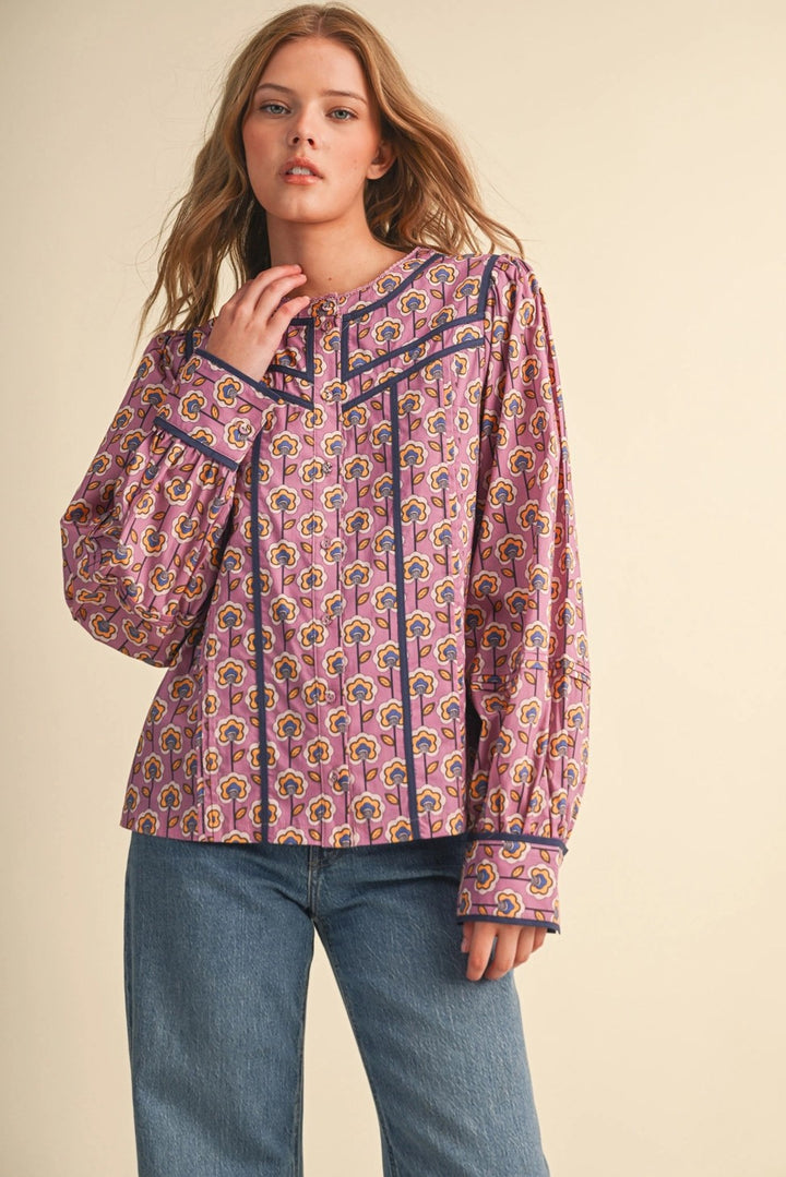 Floral Button Up Top with Contrast Trim