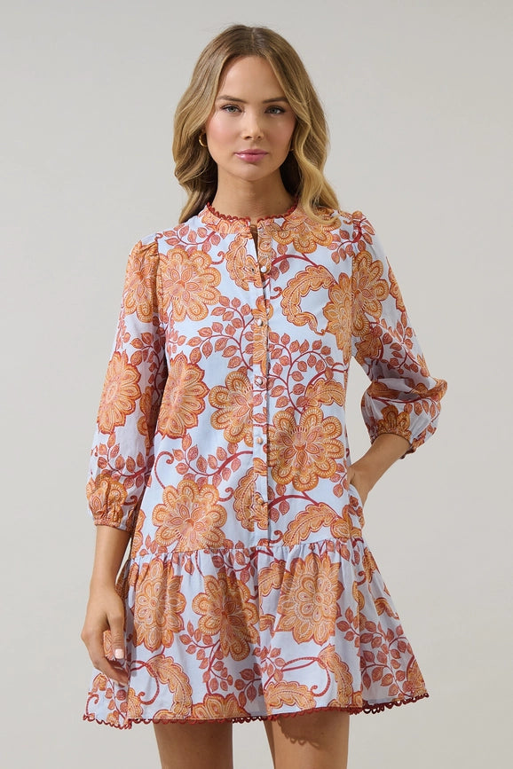 Siany Floral Yamila Ruffle Mini Dress in Orange and Blue
