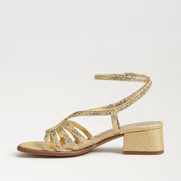 Fletcher Block Heel Sandal in Amber Gold Faux Raffia