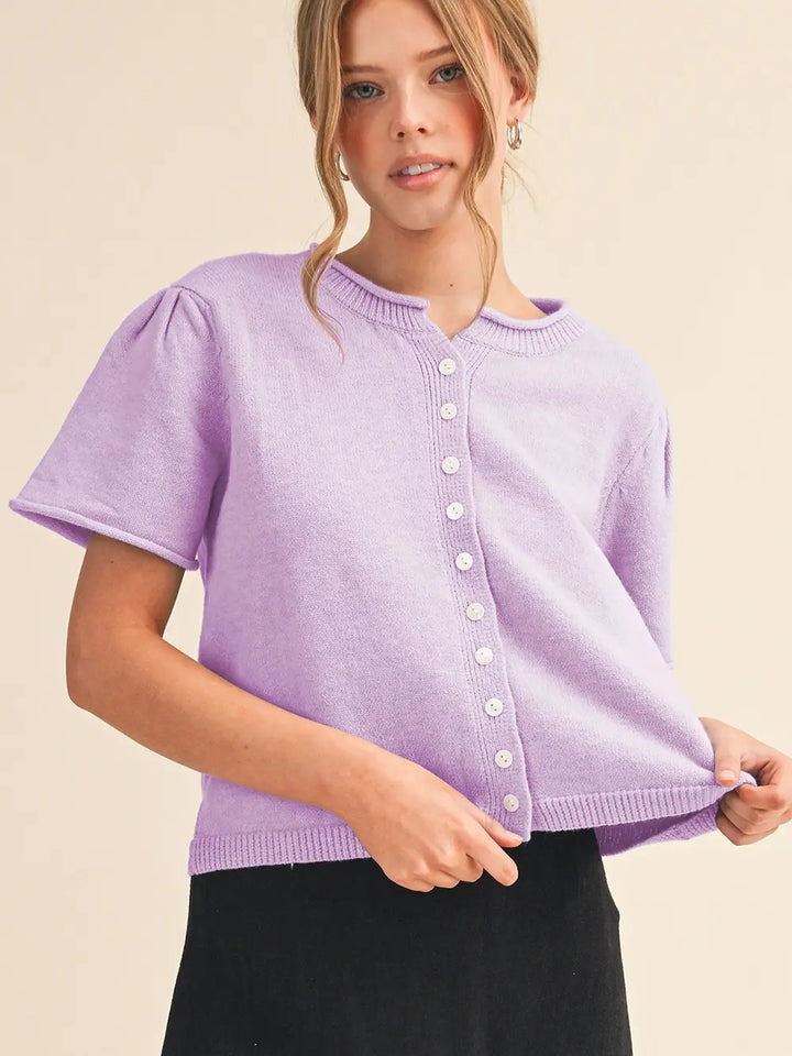 Short Puff Sleeve Sweater Cardigan in Lavender