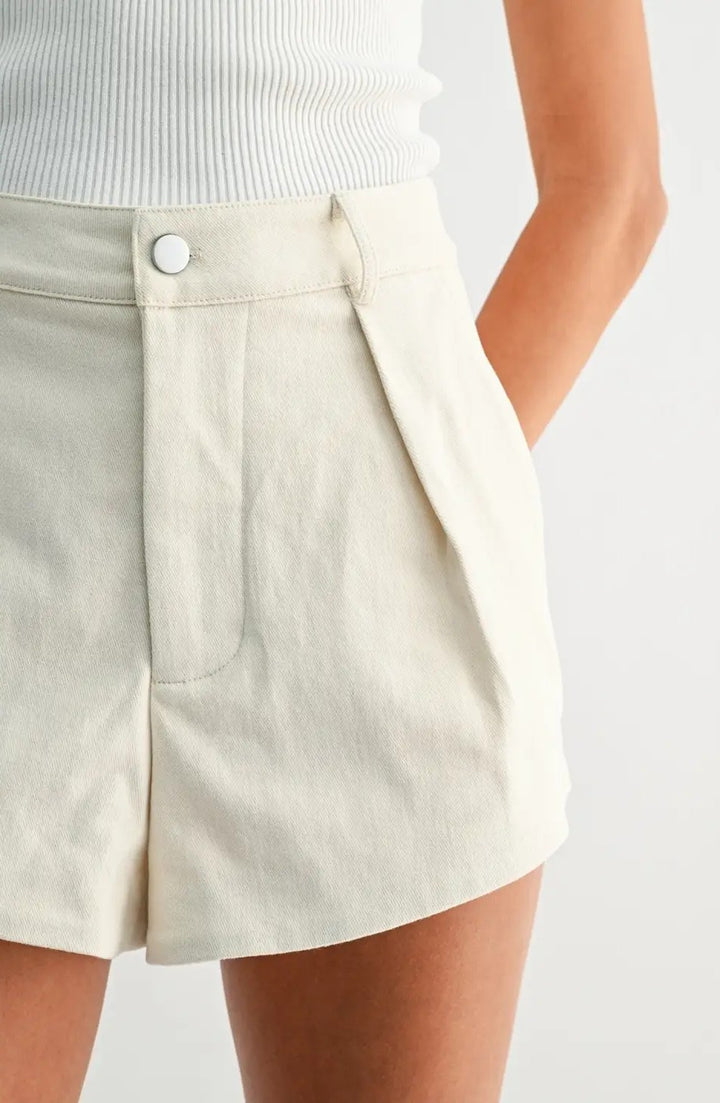 High-Waisted Pleated Ivory Tailored Cotton Shorts