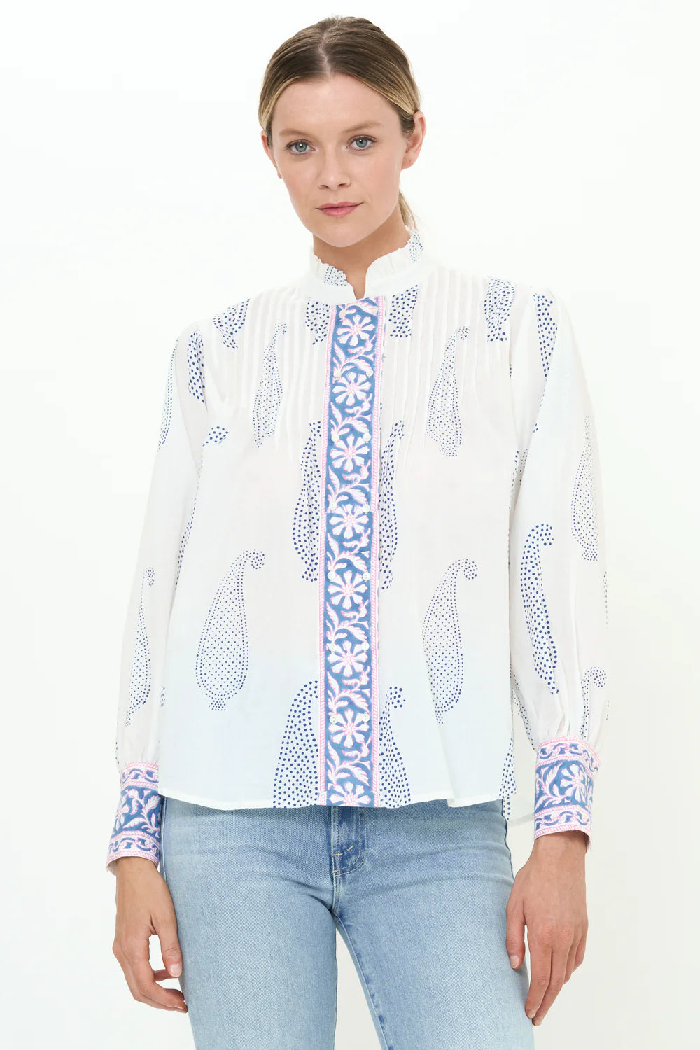 Pintuck Button Front Blouse- Aptos Blue