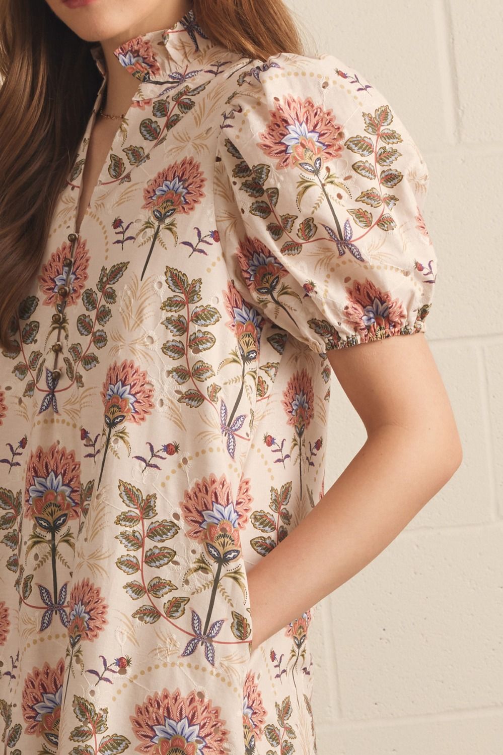 Floral Print Short Puff Sleeve Midi Dress in Ecru