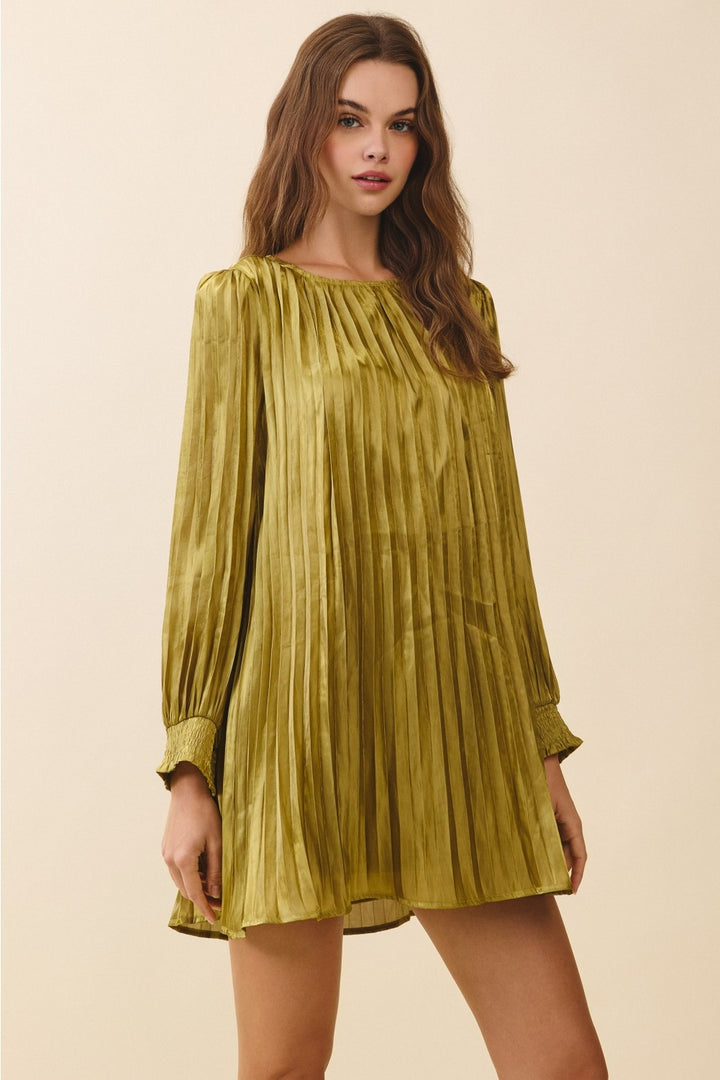 Metallic Pleated Relaxed A Line Mini Dress in Olive