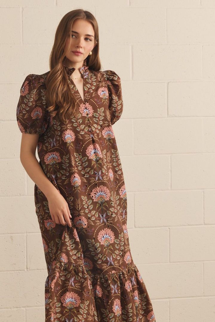 Floral print short puff sleeve midi dress in Brown