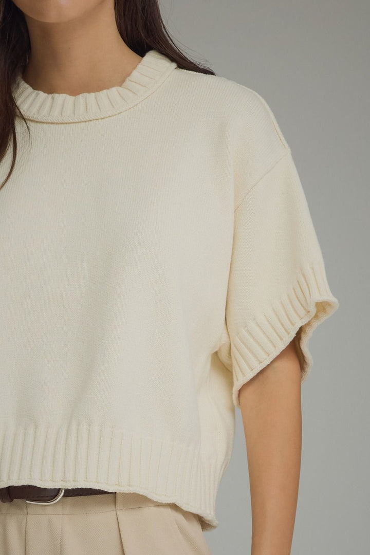 Solid short sleeve knit top in Ecru