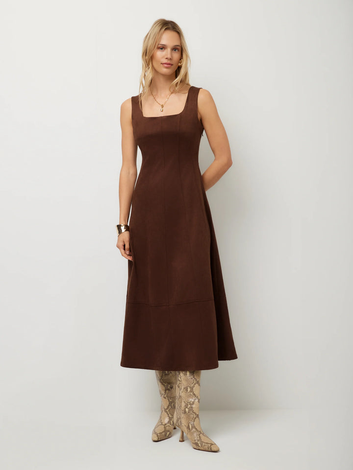 Madalyn Faux Suede Stitch Detail Midi Dress in Brown