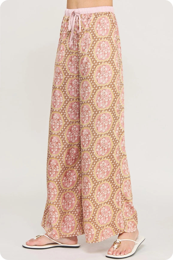 Silk Print Shirt and Pants Set in Pink