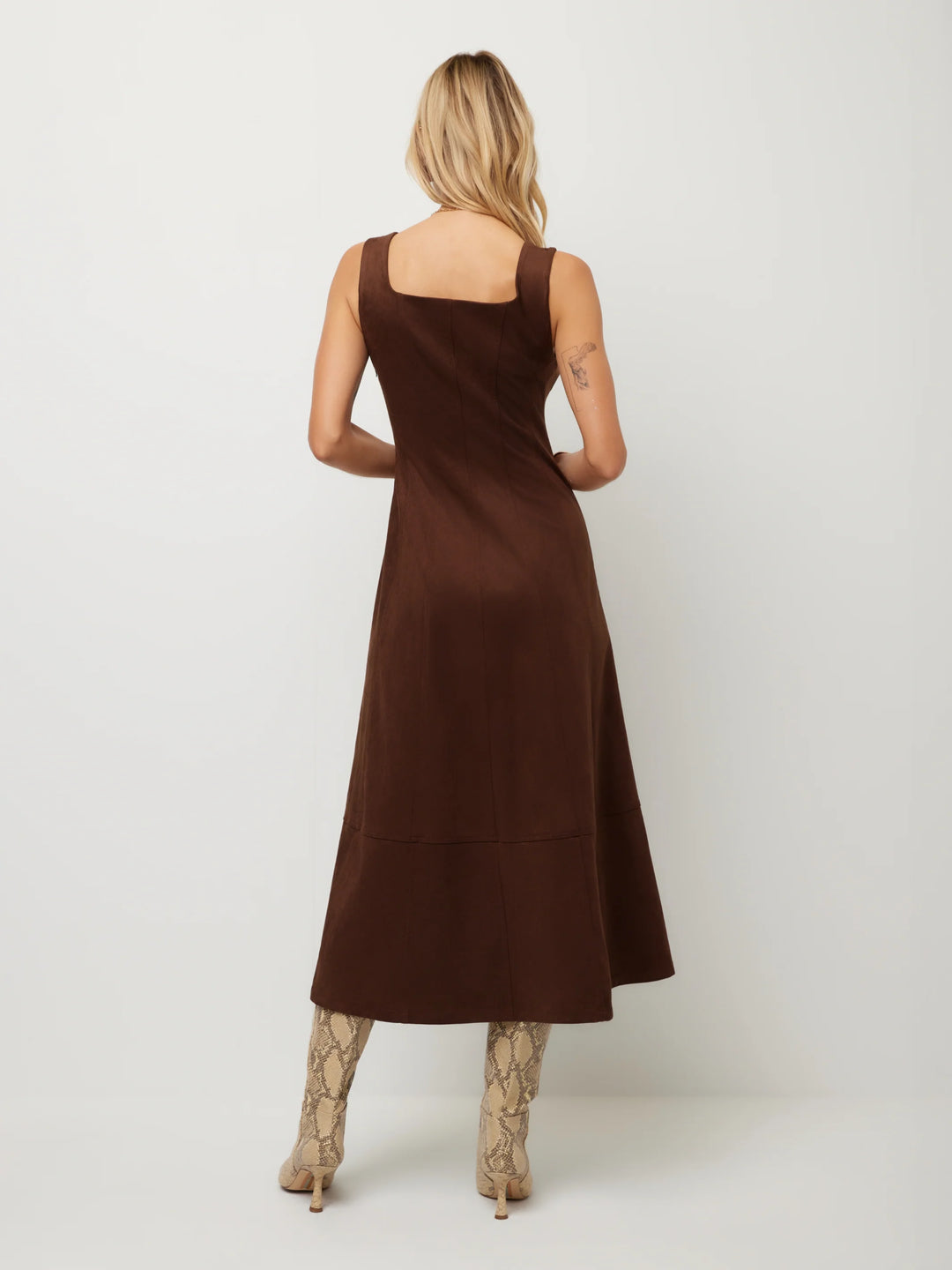 Madalyn Faux Suede Stitch Detail Midi Dress in Brown