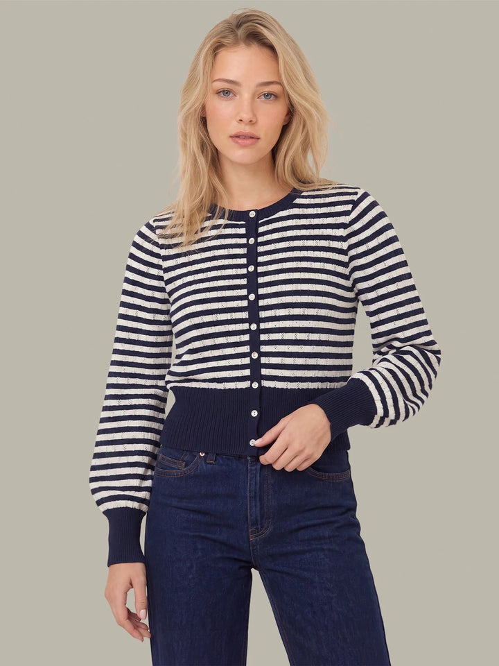 Beckett Striped Pointelle Blouson Sleeve High Rib Cardigan