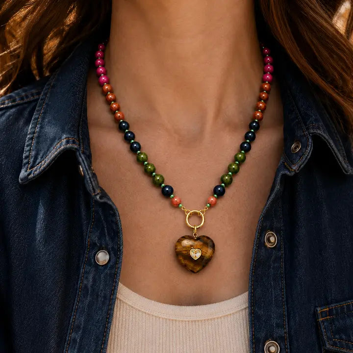 Tiger Muse Heart Neckace in brown multi