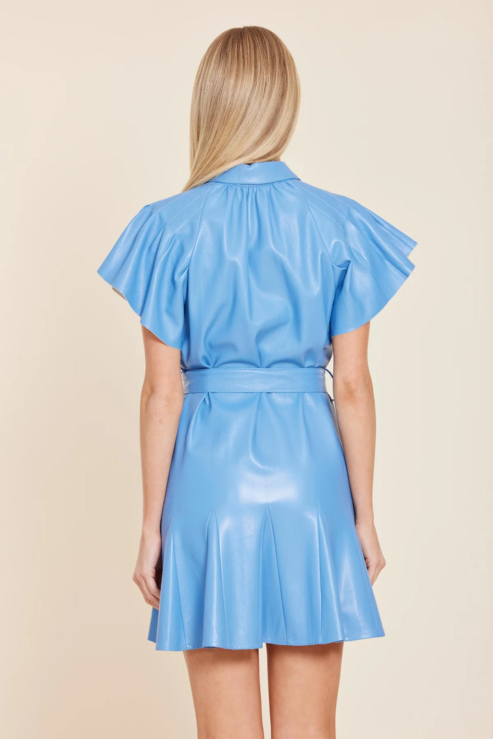Faux Leather Pleated Dress in Blue