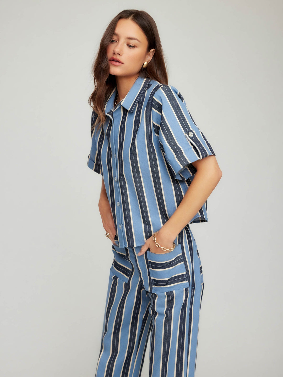 Kay Cuffed Sleeve Shirt in Blue and Cream