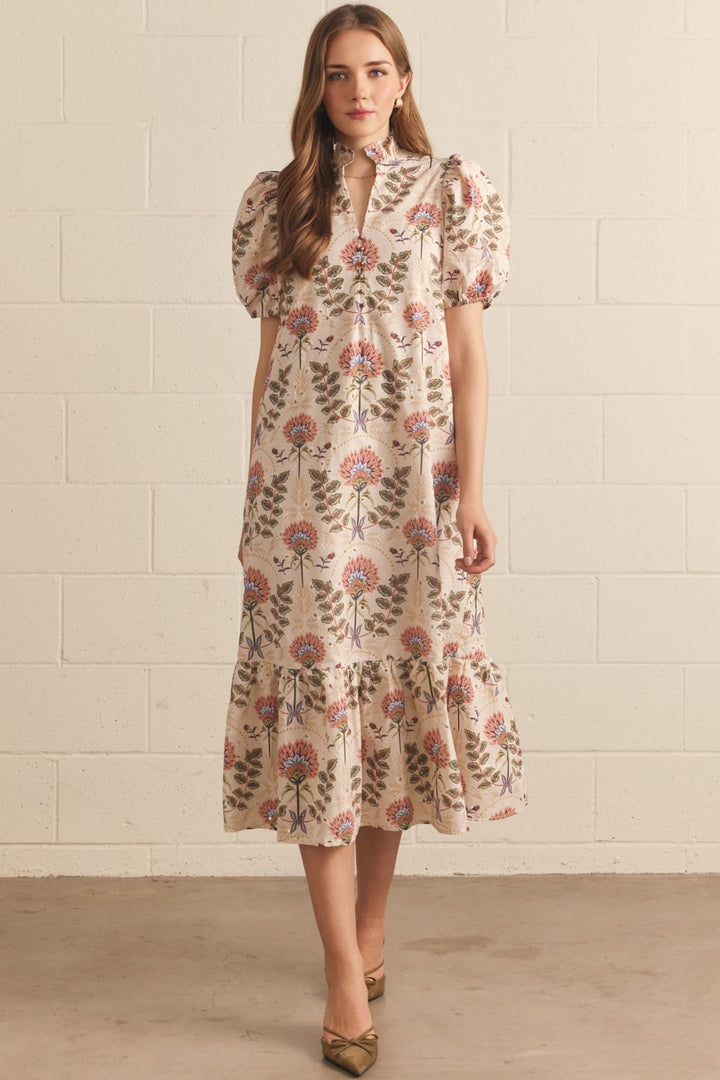 Floral Print Short Puff Sleeve Midi Dress in Ecru