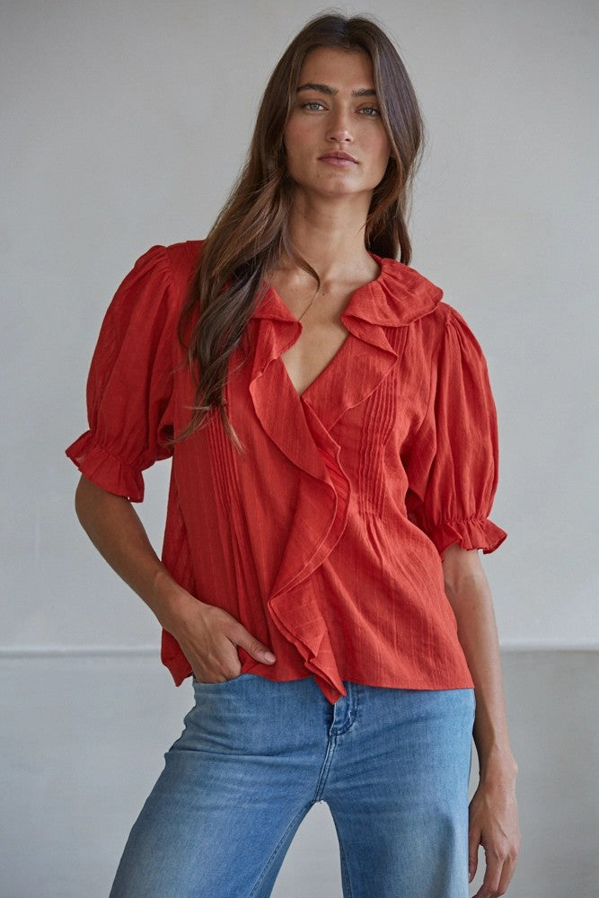 Ruffle Front Top in Cherry Tomato