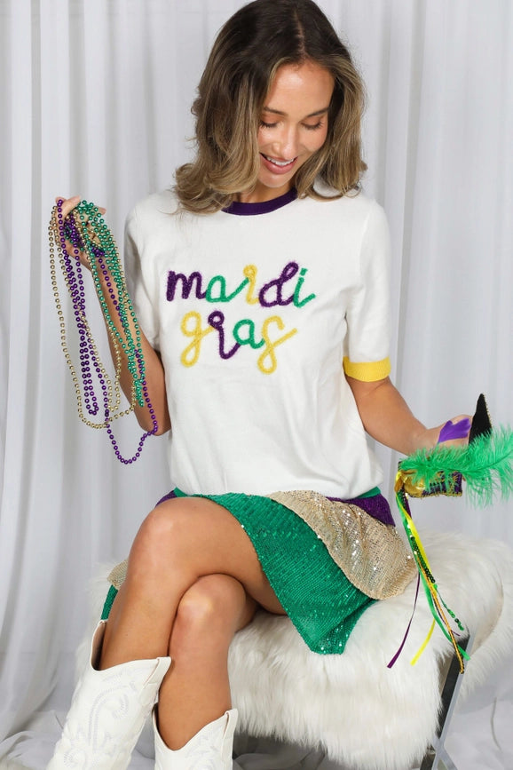 Mardi Gras Letter Embellished Knitted Sweater