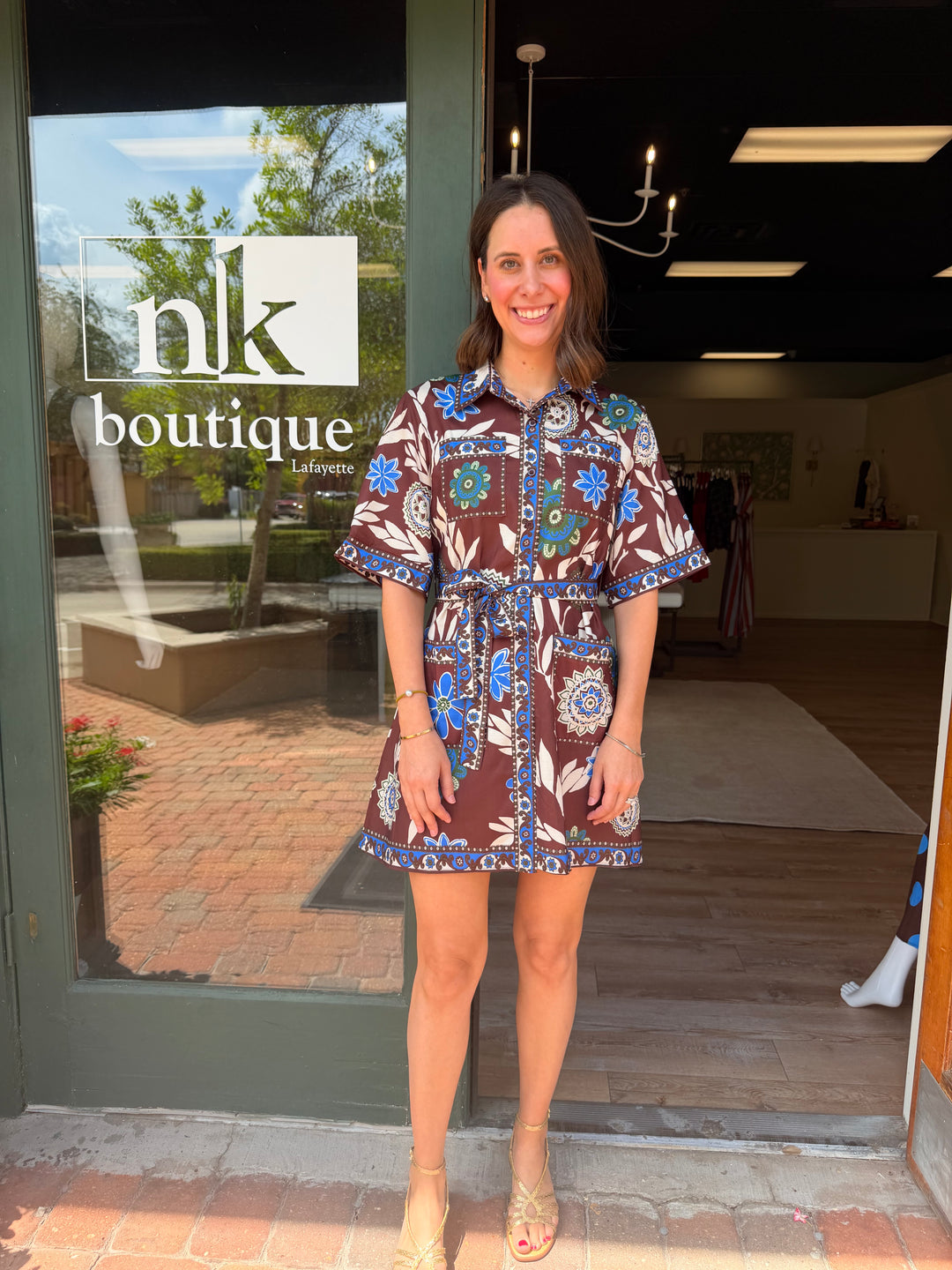 Printed Belted Mini Dress in Brown and Blue