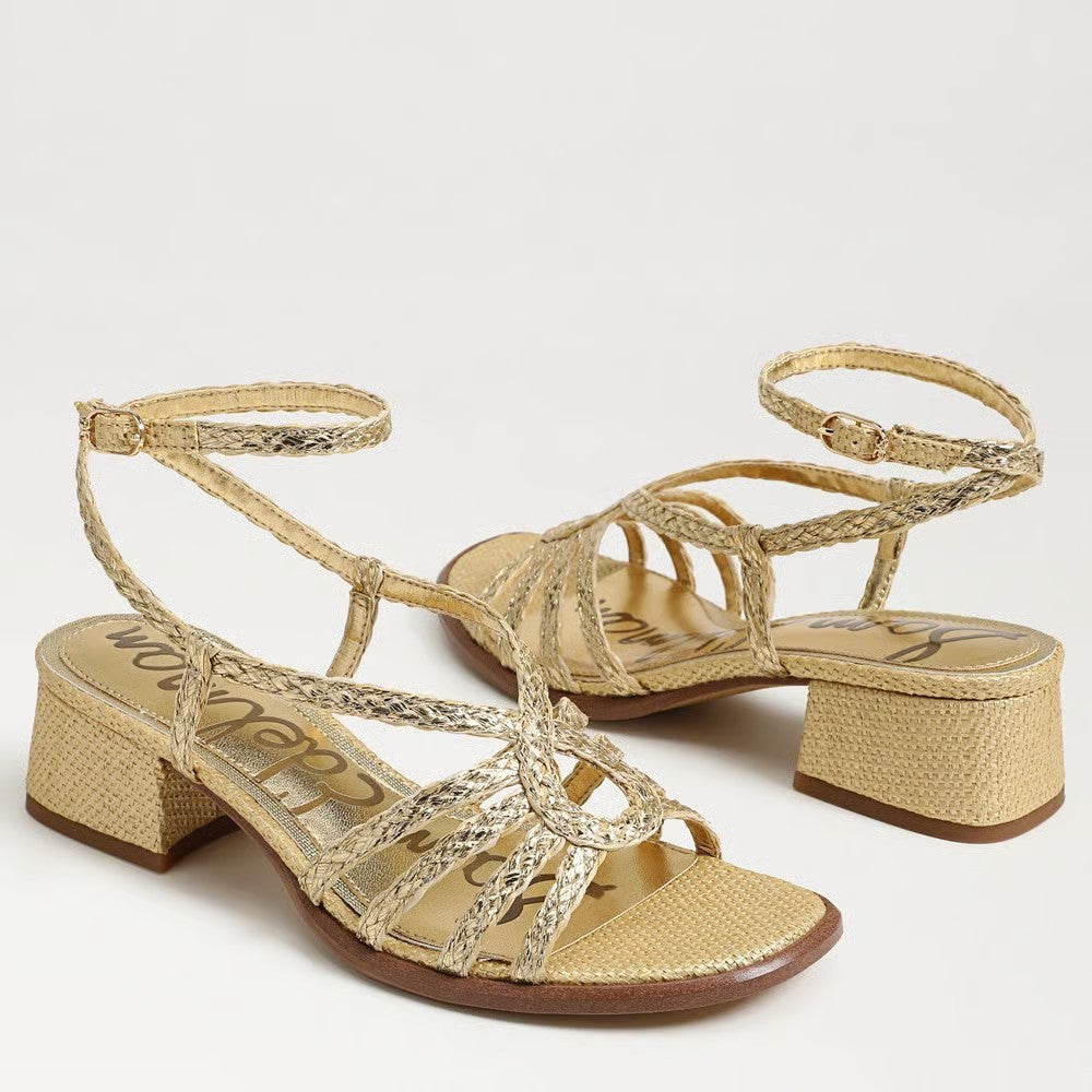 Fletcher Block Heel Sandal in Amber Gold Faux Raffia