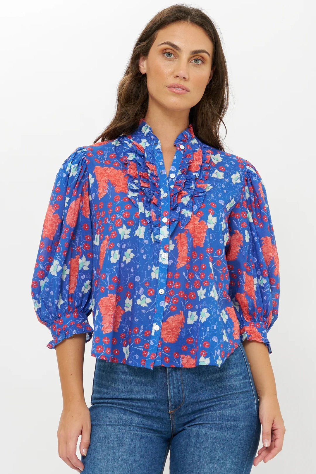 Ruffle Front Button Blouse in Fleur Blue
