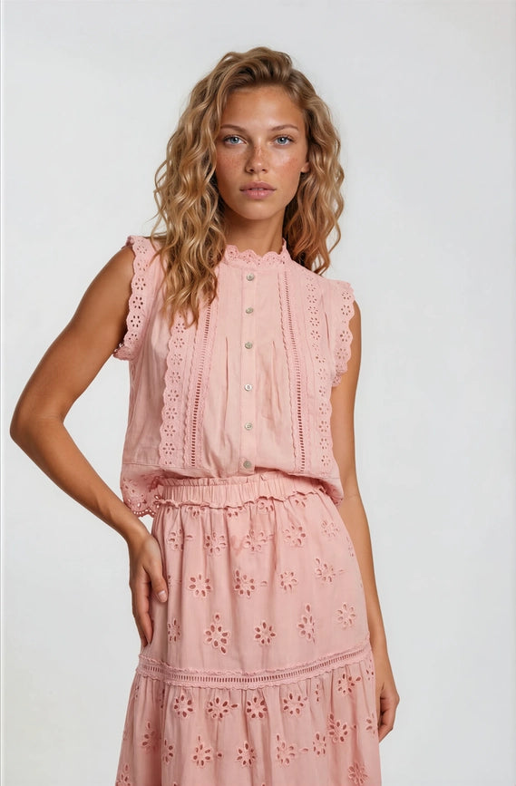 Sleeveless Eyelet Detail Blouse-Blush