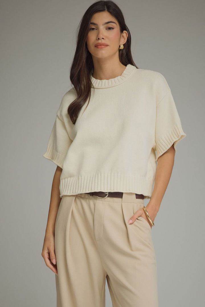 Solid short sleeve knit top in Ecru