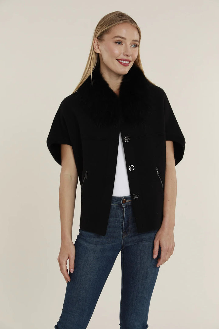 Faux Fur Collar Short Sleeve Cardigan in Black