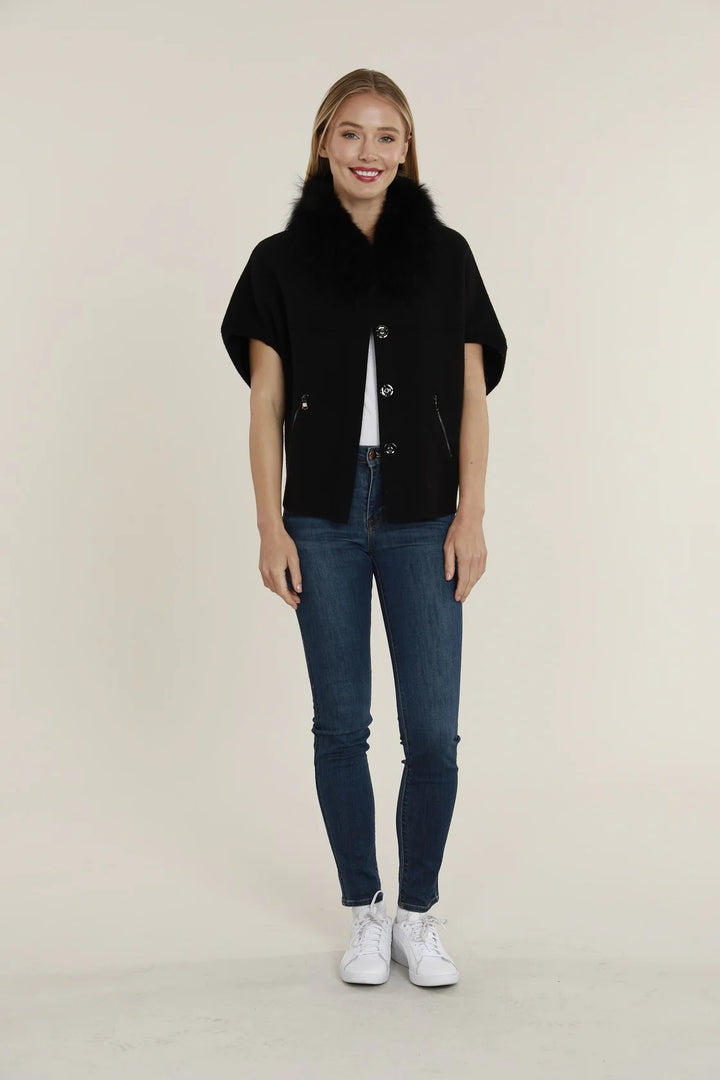 Faux Fur Collar Short Sleeve Cardigan in Black