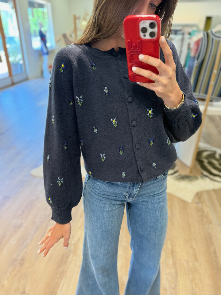 Round Neck Cardigan with Beaded Florals in Navy