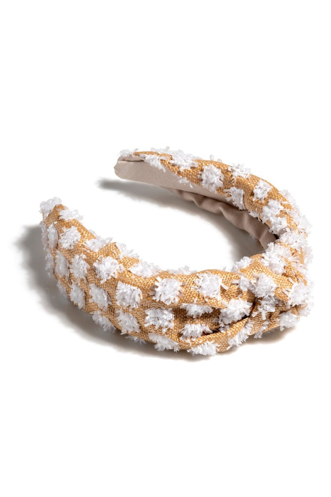 Tufted Straw Knotted Headband in White and Khaki