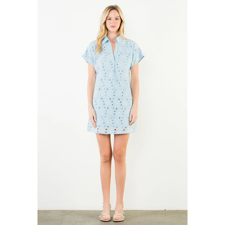 Short Sleeve Floral Eyelet Embroidery Dress in Blue