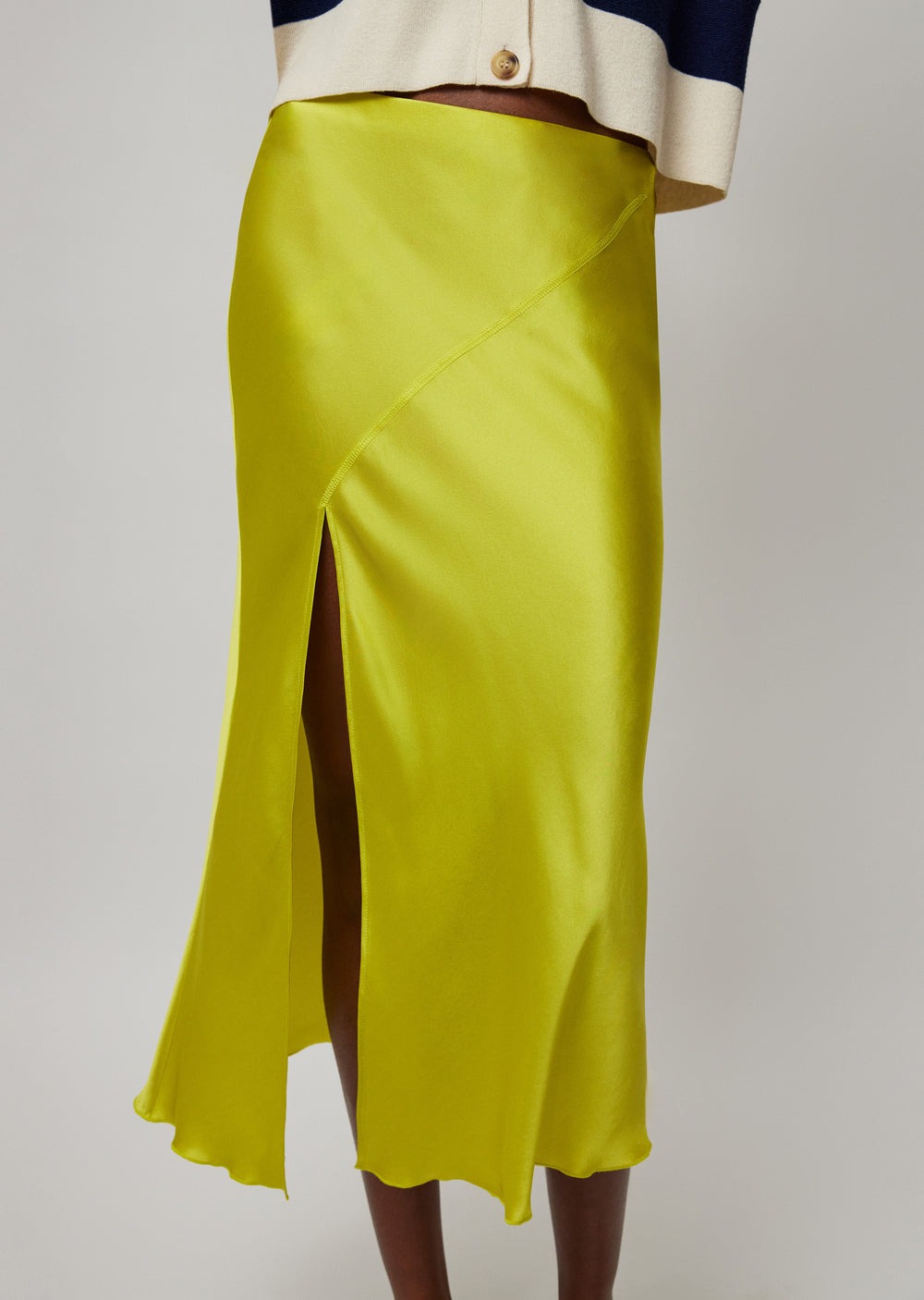 Silk Slit Midi Skirt in Chartreuse