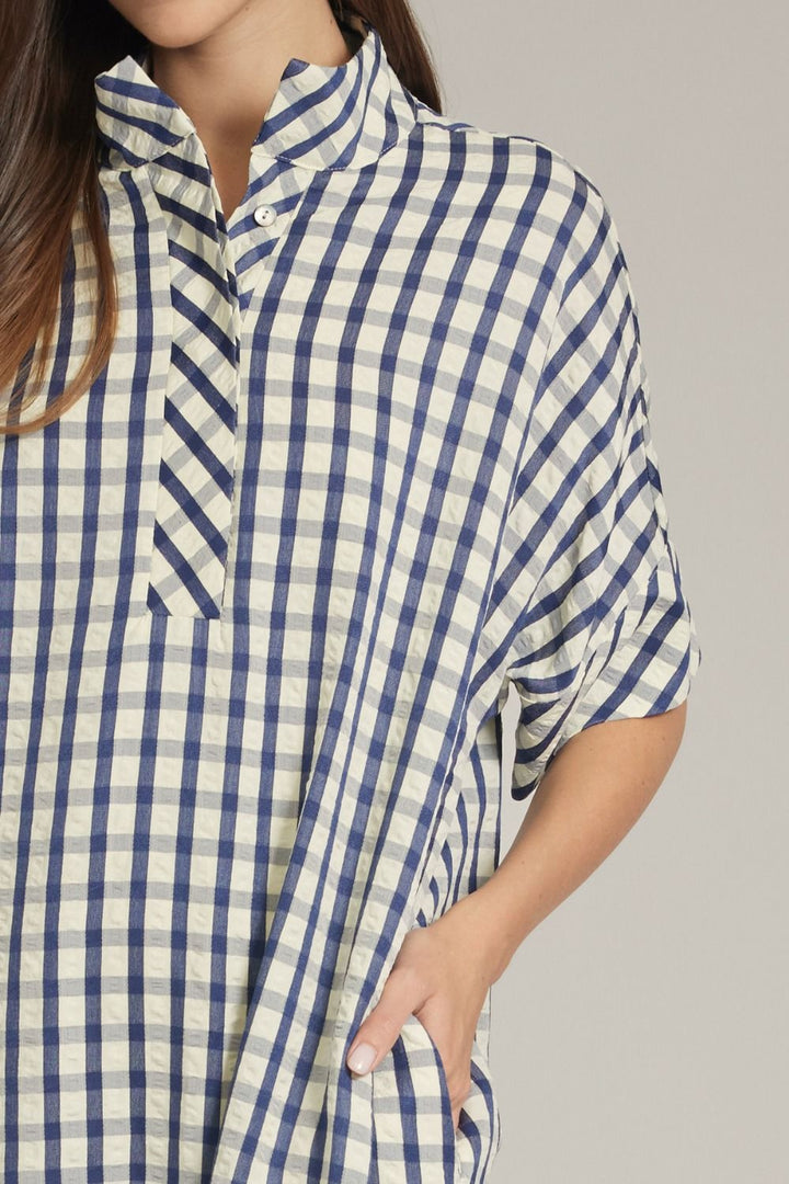 Navy Gingham Shirt Midi Dress