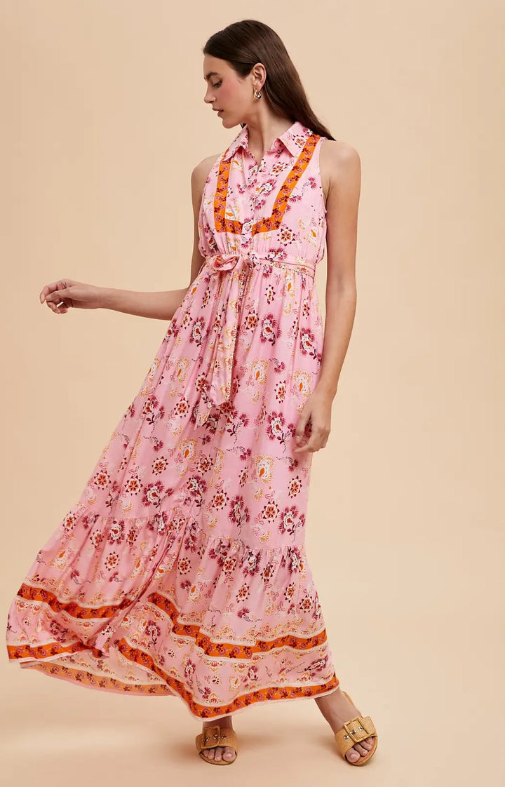 Pink Floral Sleeveless Midi