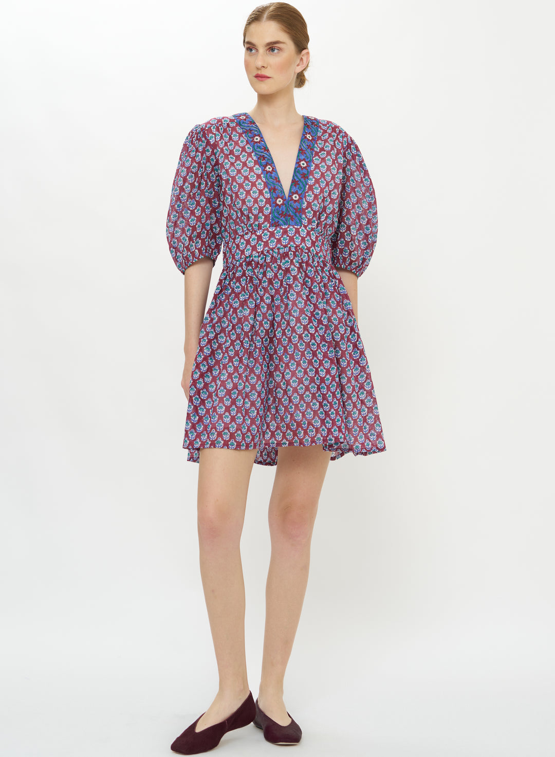 V-Neck Puff Mini Dress - Zenica Wine