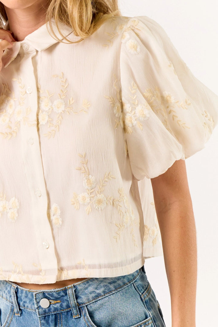 Embroidery Short Puff Sleeve Button Down Top