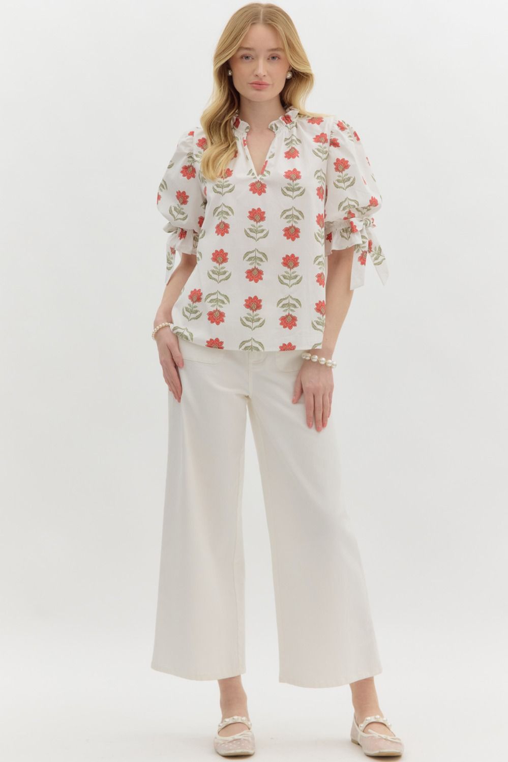Floral Ruffle Blouse in Red and White