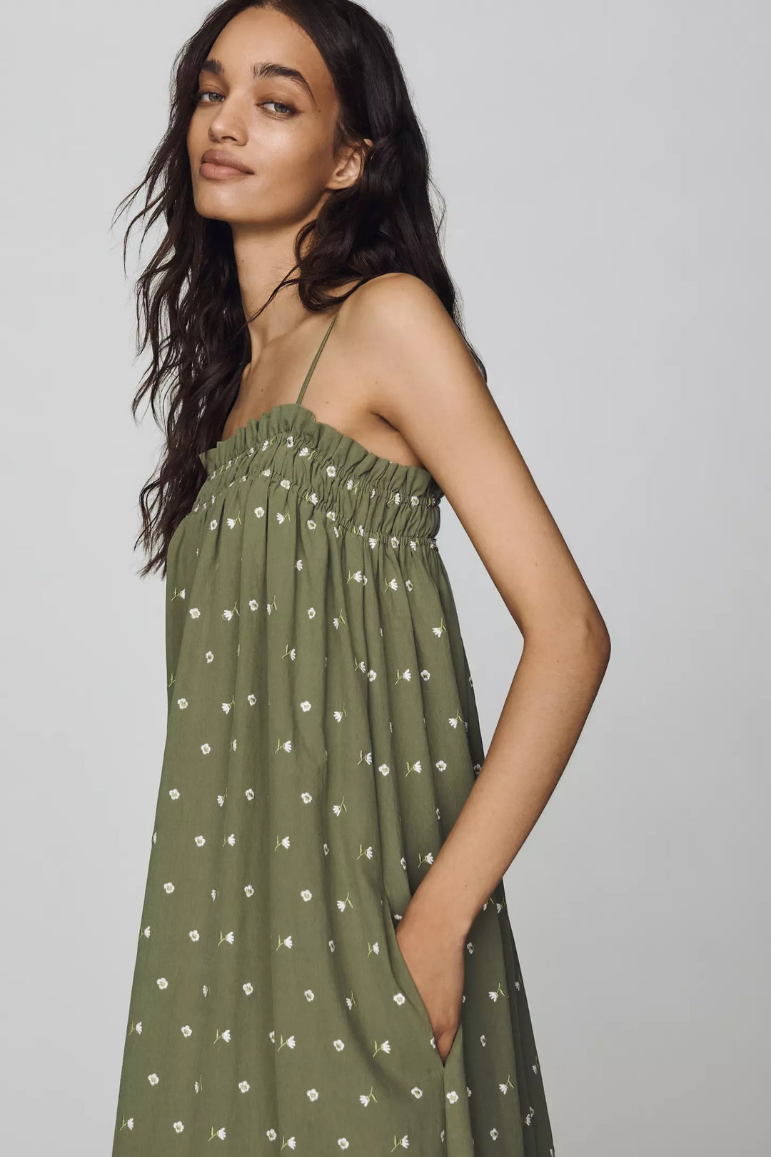 100% Cotton Smocked Olive Midi Dress