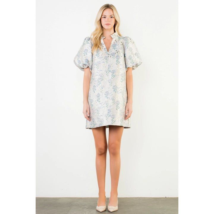 Puff Sleeve Floral Detail V-Neck Dress in Blue