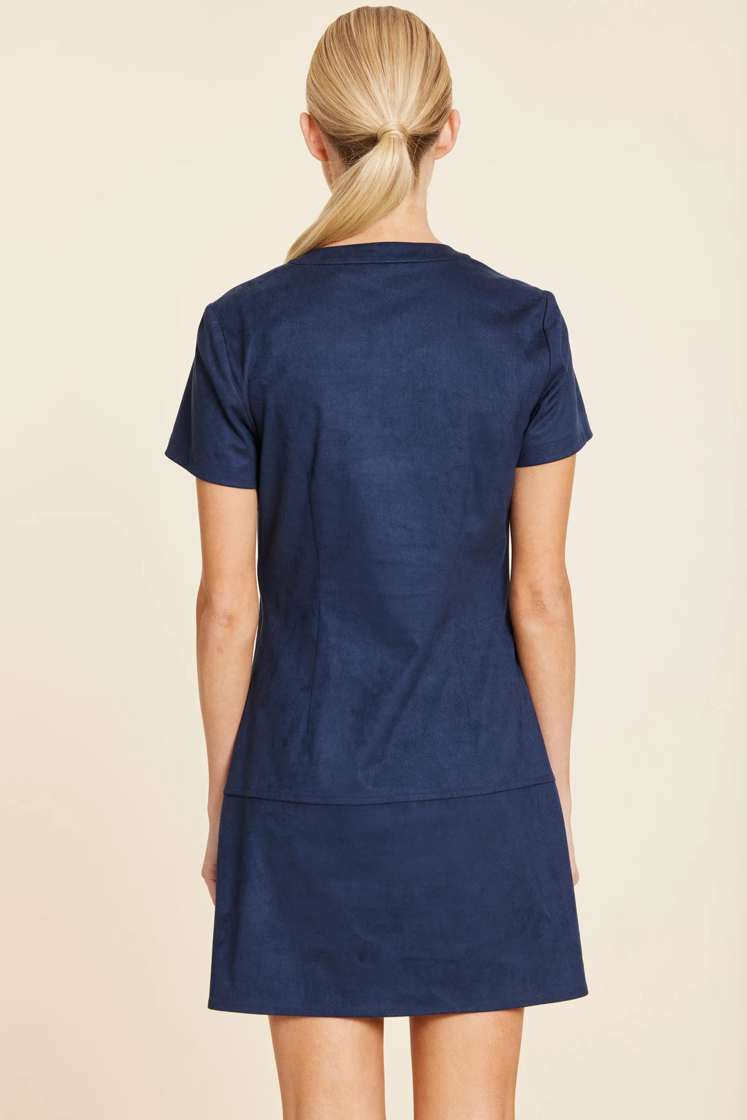 Faux Suede Zip Up Short Sleeve Dress in Navy