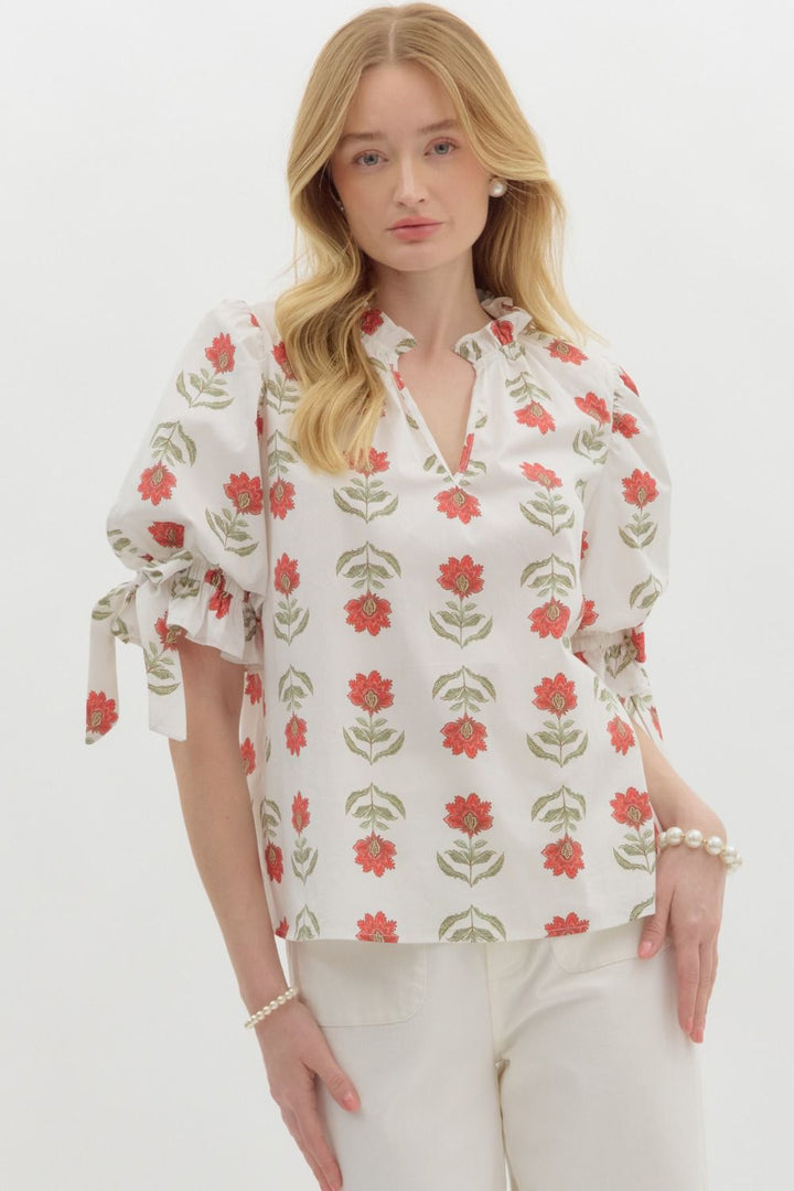 Floral Ruffle Blouse in Red and White