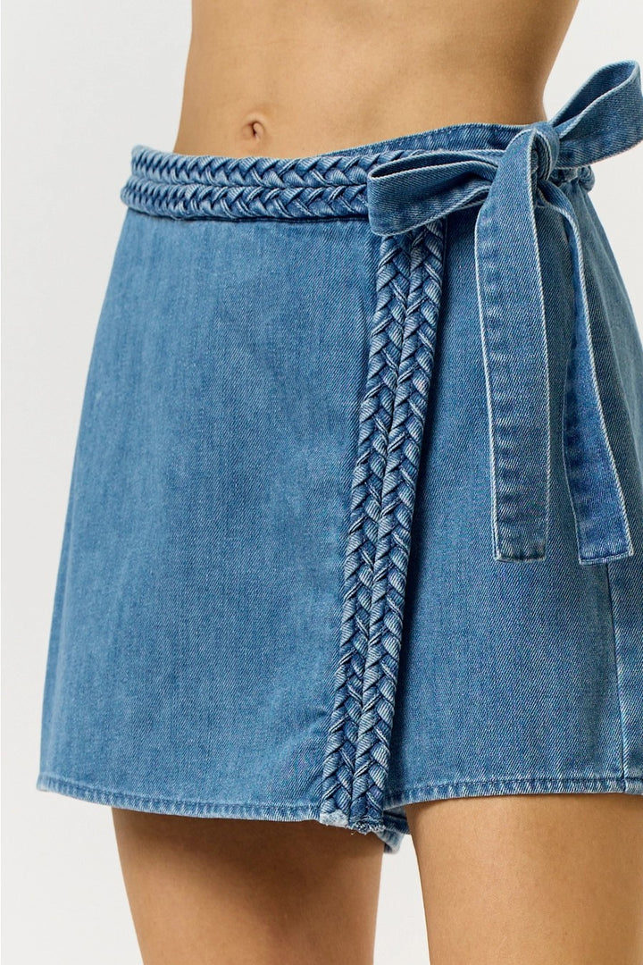 Braided Denim Waist Tie Wrapped Skort