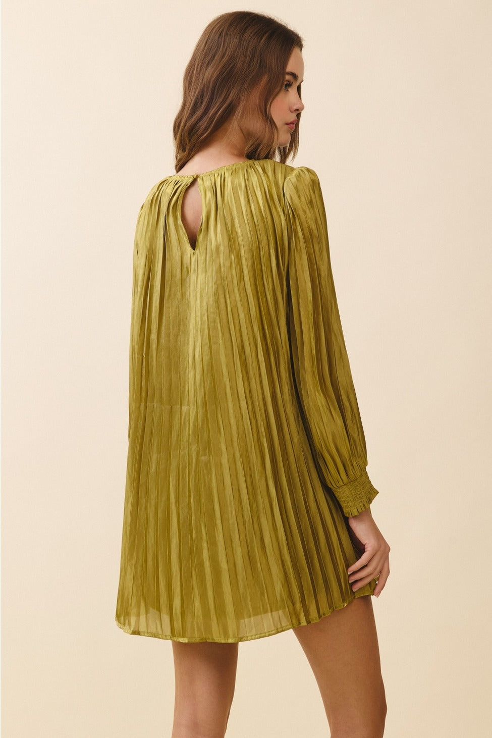 Metallic Pleated Relaxed A Line Mini Dress in Olive
