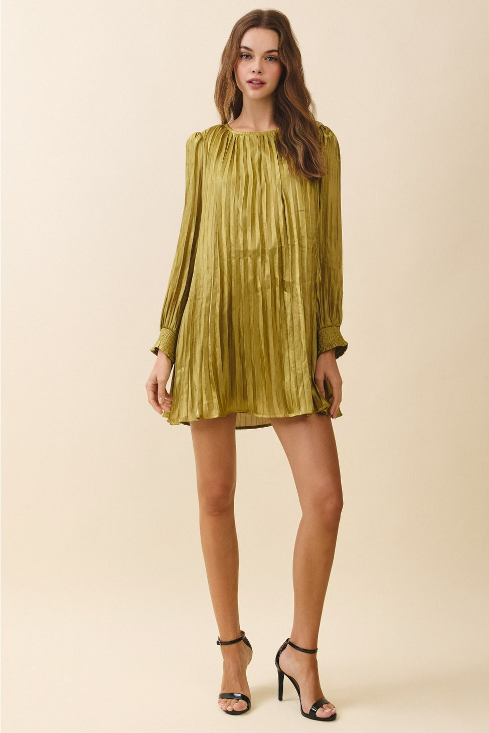 Metallic Pleated Relaxed A Line Mini Dress in Olive