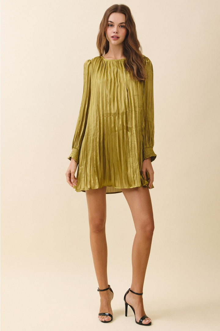 Metallic Pleated Relaxed A Line Mini Dress in Olive
