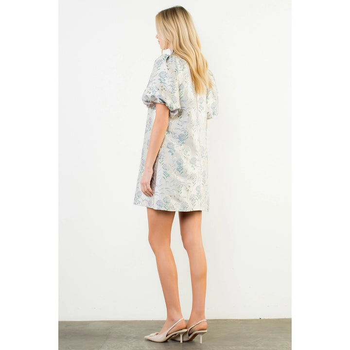 Puff Sleeve Floral Detail V-Neck Dress in Blue