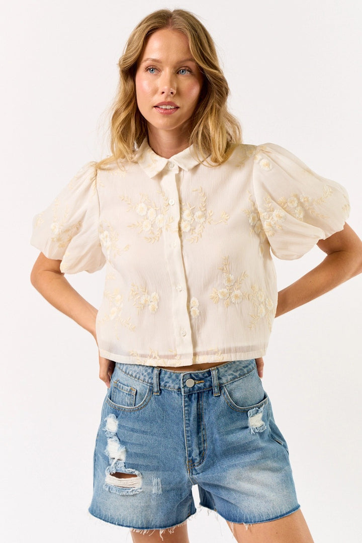 Embroidery Short Puff Sleeve Button Down Top