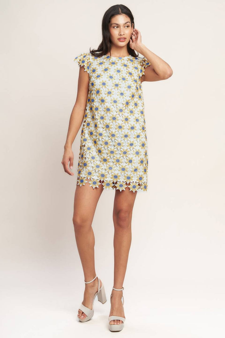 A Woven Lace Mini Shift Dress in Yellow