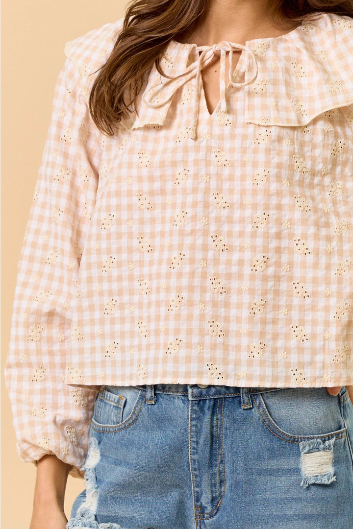 Gingham Eyelet Front Tie Ruffled Collar Top
