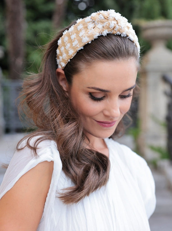Tufted Straw Knotted Headband in White and Khaki
