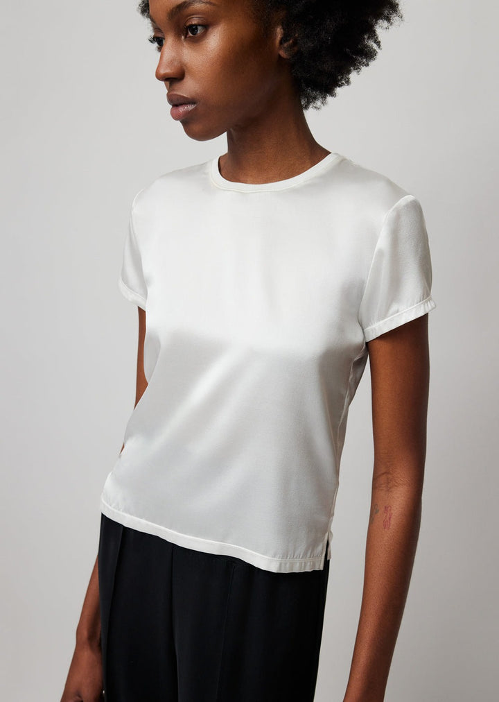 Stretch Satin Short Sleeve Tee in White